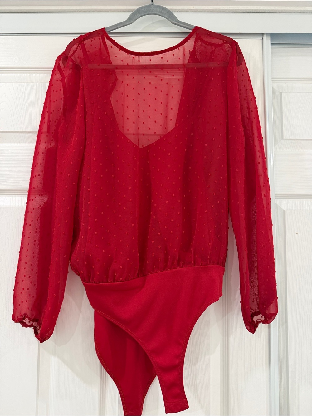 Wayf Red Sheer Dot Long-Sleeve Bandeau Bodysuit